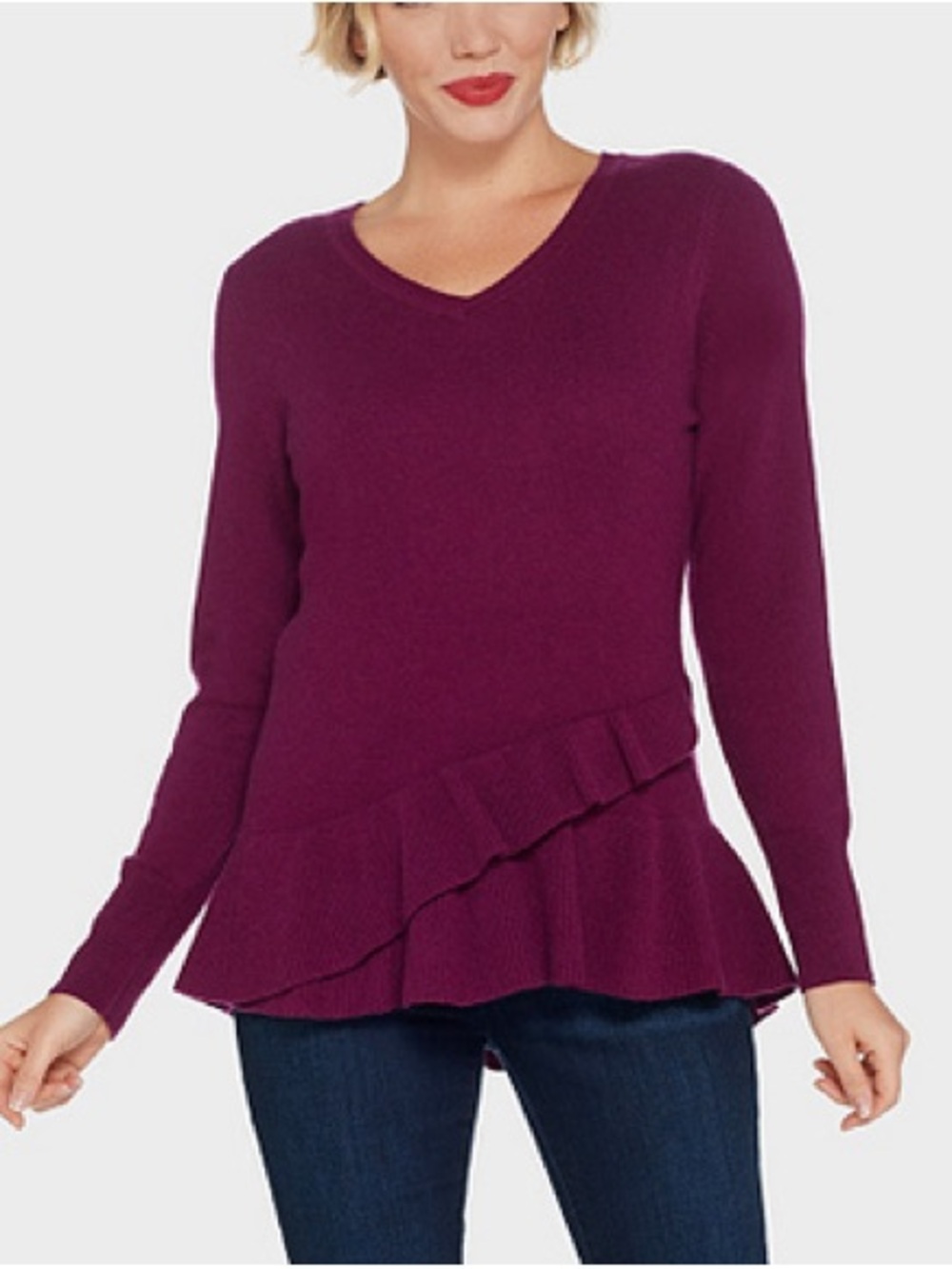 423. Isaac Mizrahi Live 100% Cashmere Ruffle Hem Sweater L